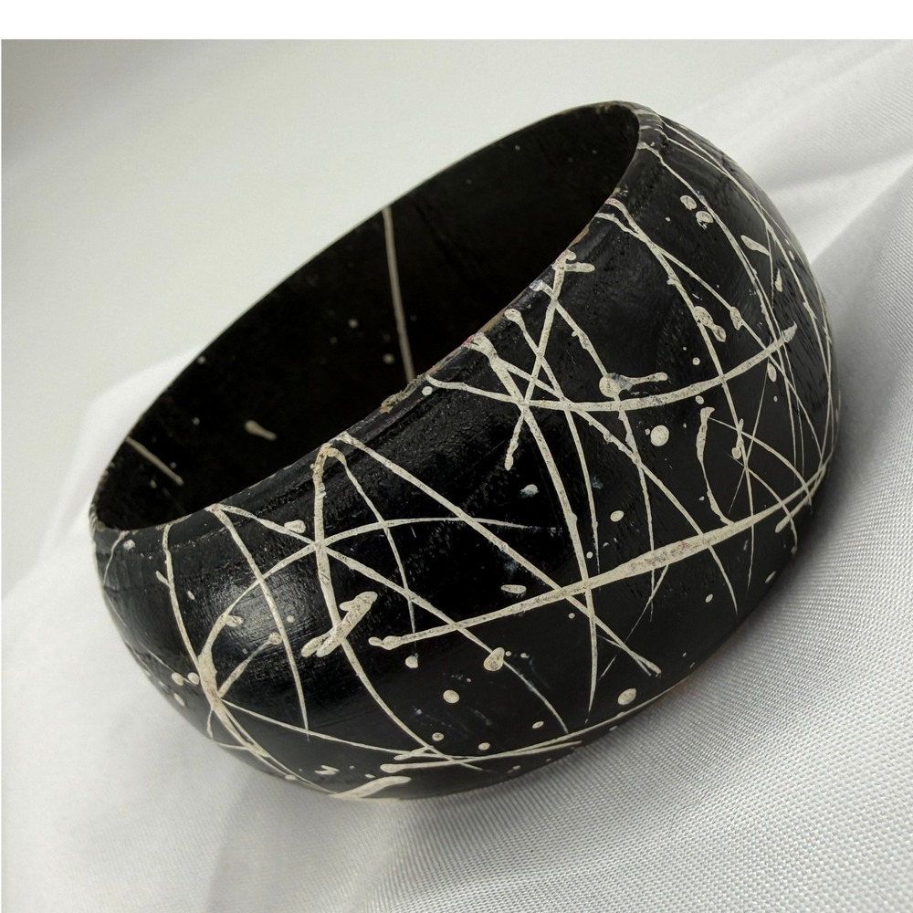 80s Hand Painted Wood Bangle Black White Abstract Chunky Statement Preloved Gift